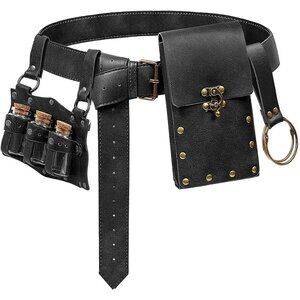 Black 3Bottle-New Leather Belt Pouch Waist Bag Medieval Phone Holder GearFX
